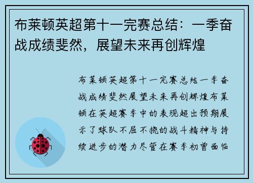 布莱顿英超第十一完赛总结：一季奋战成绩斐然，展望未来再创辉煌